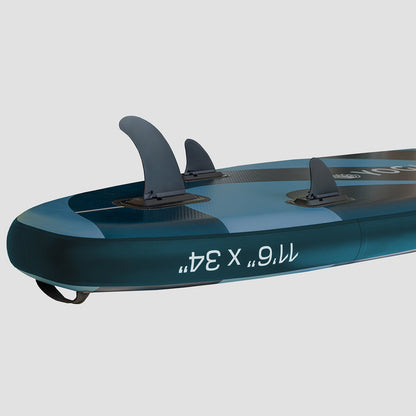 "3 Ailerons premium pour bonne manœuvrabilité et glisse fluide SUP Yogaterrae 11'6", poignée ergonomique, design de Vagues"